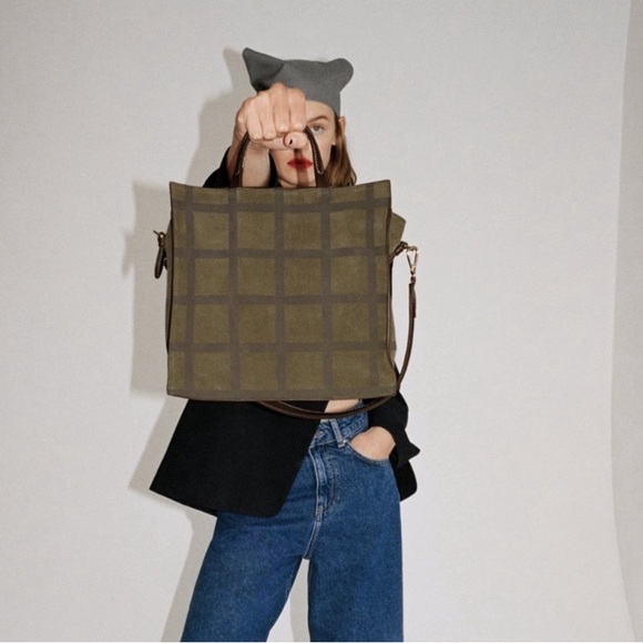 Zara check split suede square 2way satchel/tote green - Picture 3 of 12